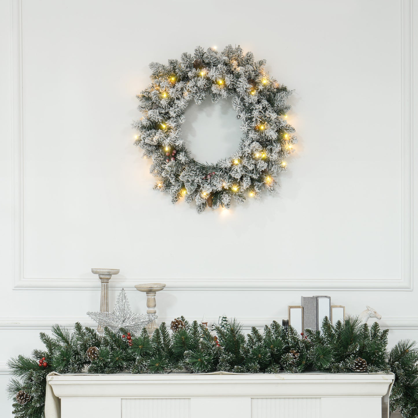 HOMCOM 60" Snowy Pine Cone and Berry Christmas Wreath, with LED Lights