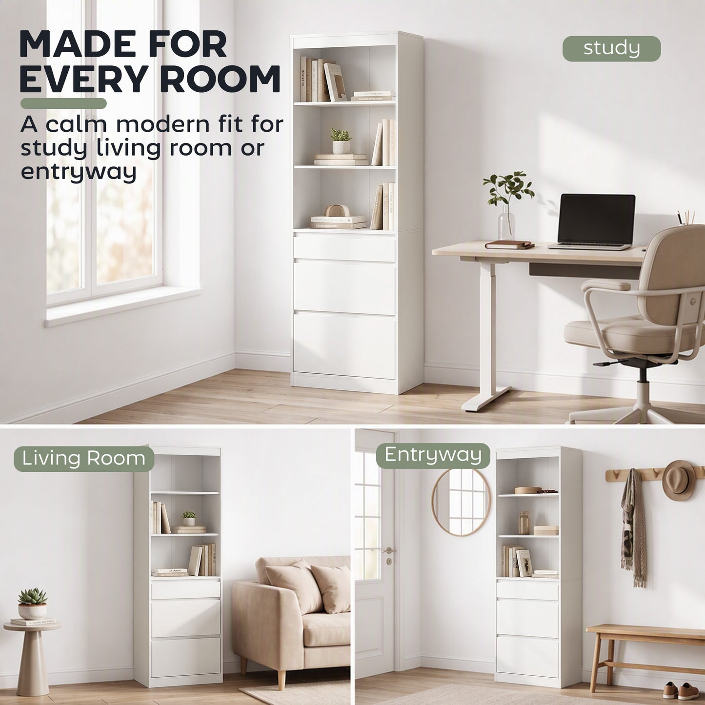 HOMCOM Bookcase with Drawers Adjustable Shelves Book Shelf for Study Living Room White