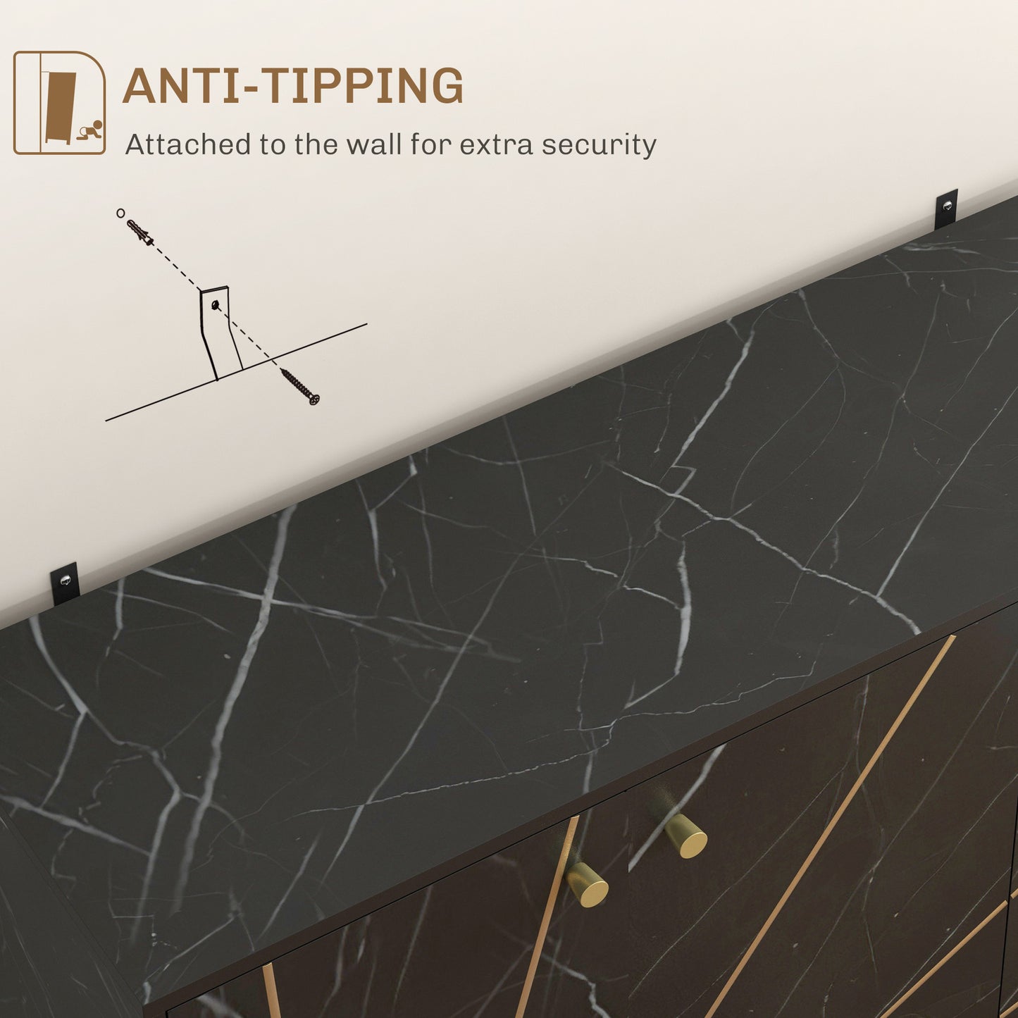 HOMCOM Sideboard Storage Cabinet, Modern Cupboard with Adjustable Shelves and Metal Legs for Living Room, Kitchen, Dining Room, Black Marble Tone