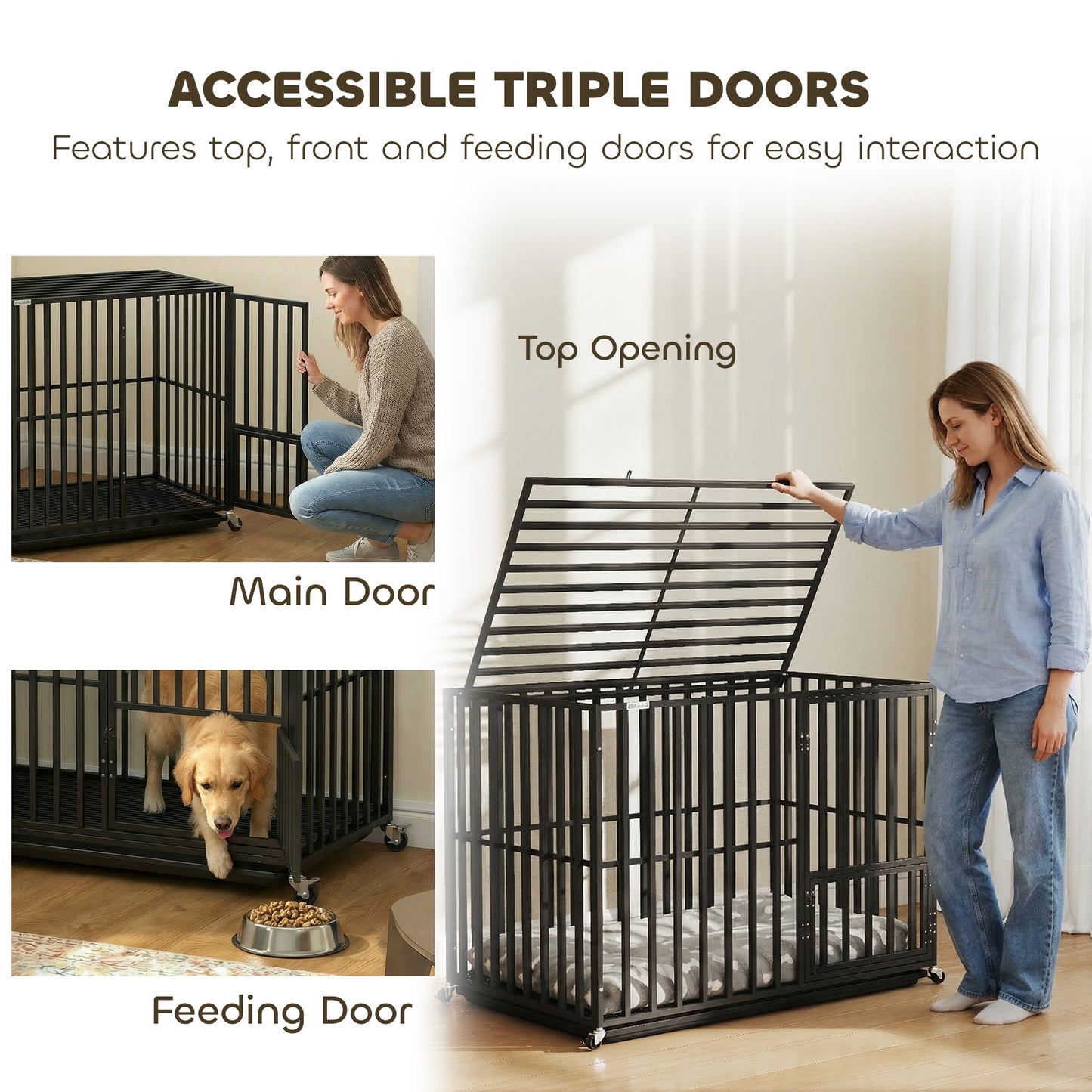 PawHut Heavy Duty Dog Crate, Dog Cage with Wheels for Extra Large Breeds, Metal Pet Kennel with Removable Tray