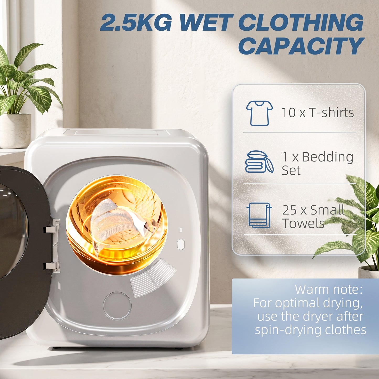 HOMCOM 2.5kg Vented Tumble Dryer with Smart Mode, 800W Compact Tumble Dryer with Stainless Steel Tub, Silver Tone