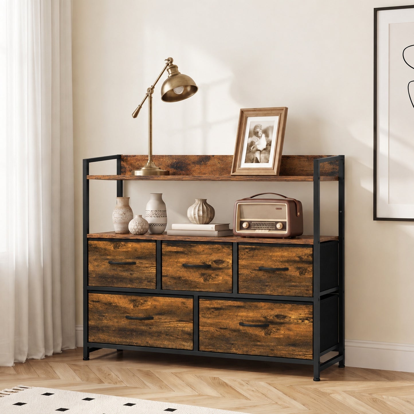 HOMCOM Chest of Drawers, Bedroom Fabric Dresser with 5 Drawers, Storage Organiser Unit with Open Shelves, Rustic Brown