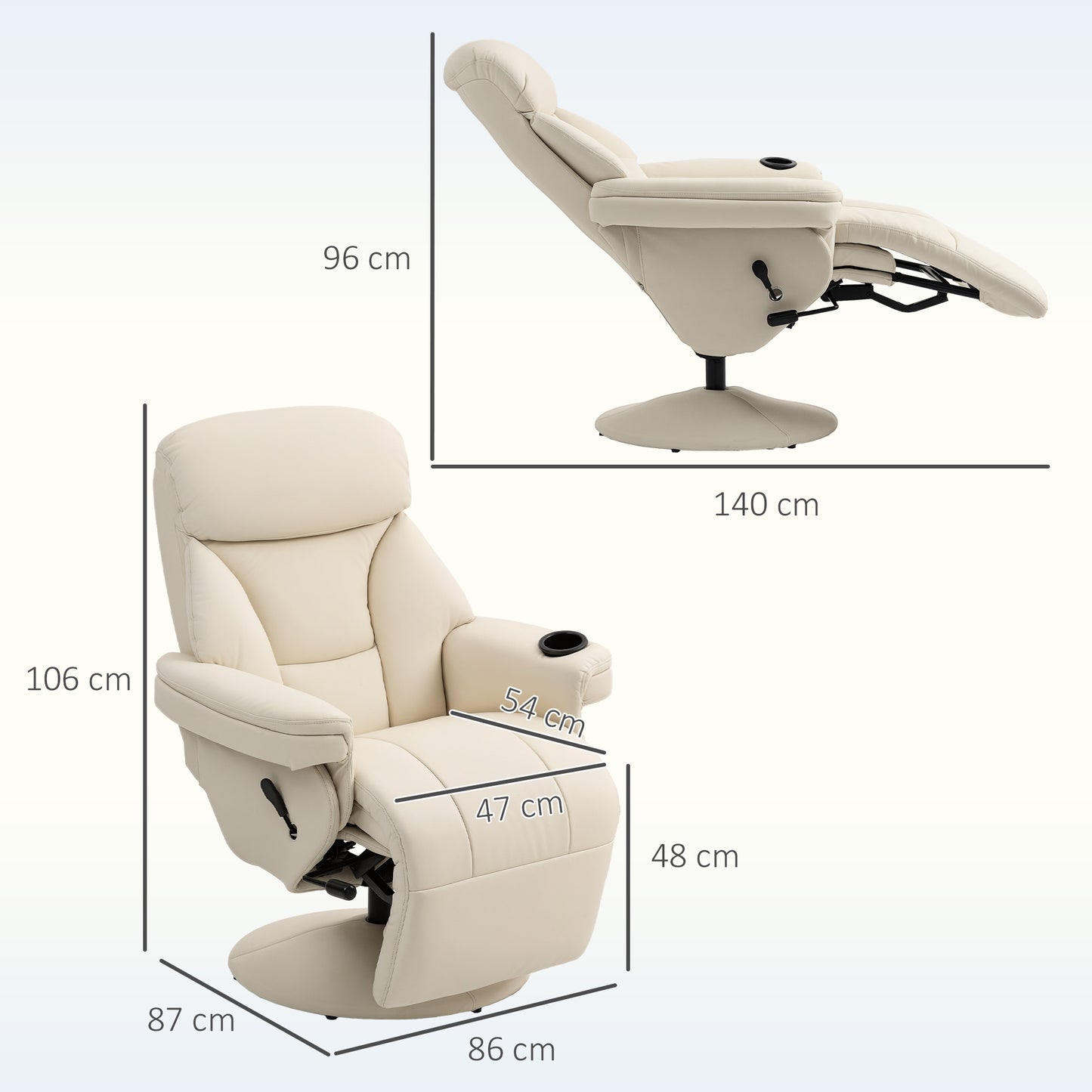 HOMCOM Recliner Chair, Upholstered Armchair with Footrest and Cup Holder, PU Leather Swivel with Adjustable Backrest, Cream White