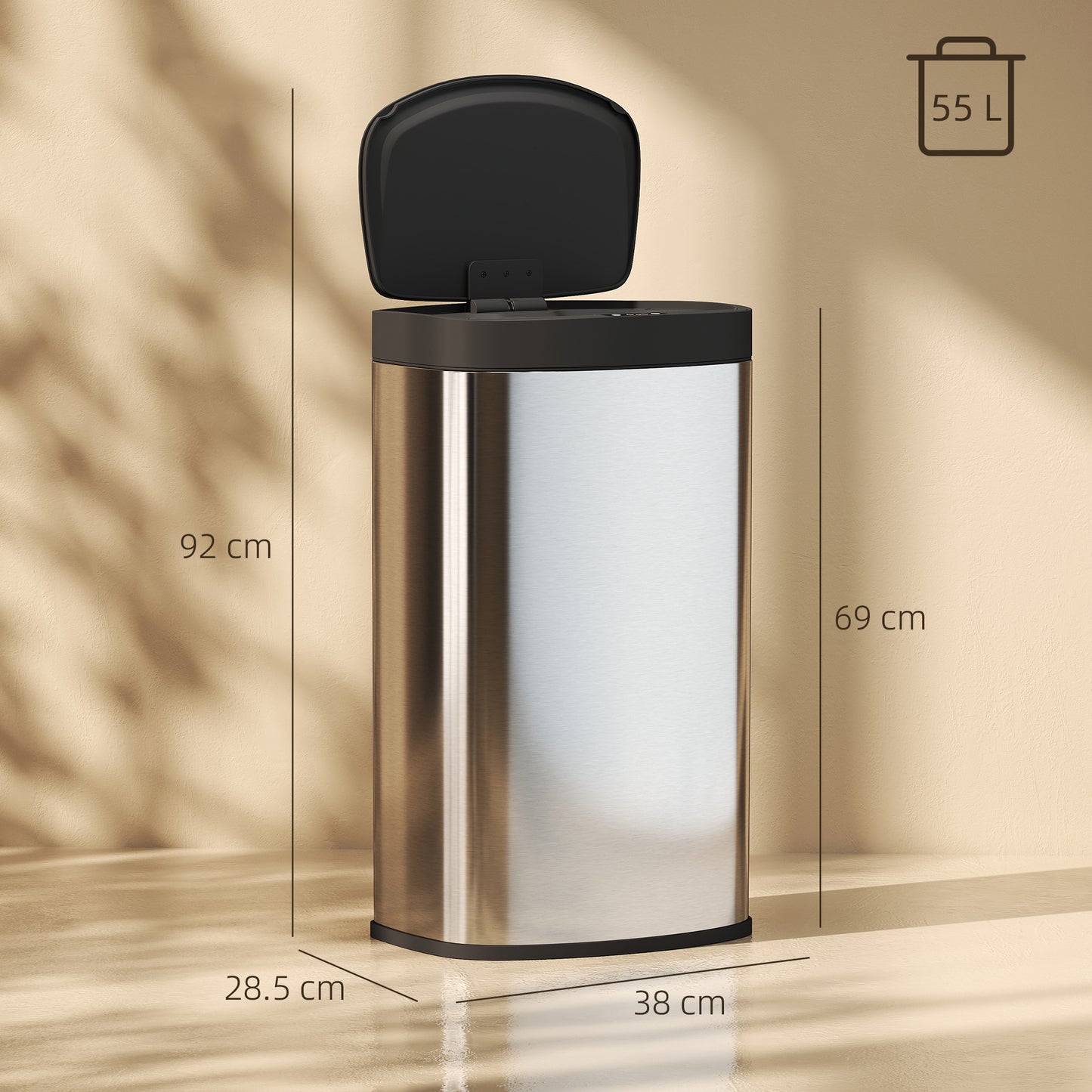 HOMCOM Sensor Bin, 55L Soft-Close Lid, Automatic Touchless Motion, Fingerprint Resistant, Kitchen/Gym/Office Use, Silver Tone