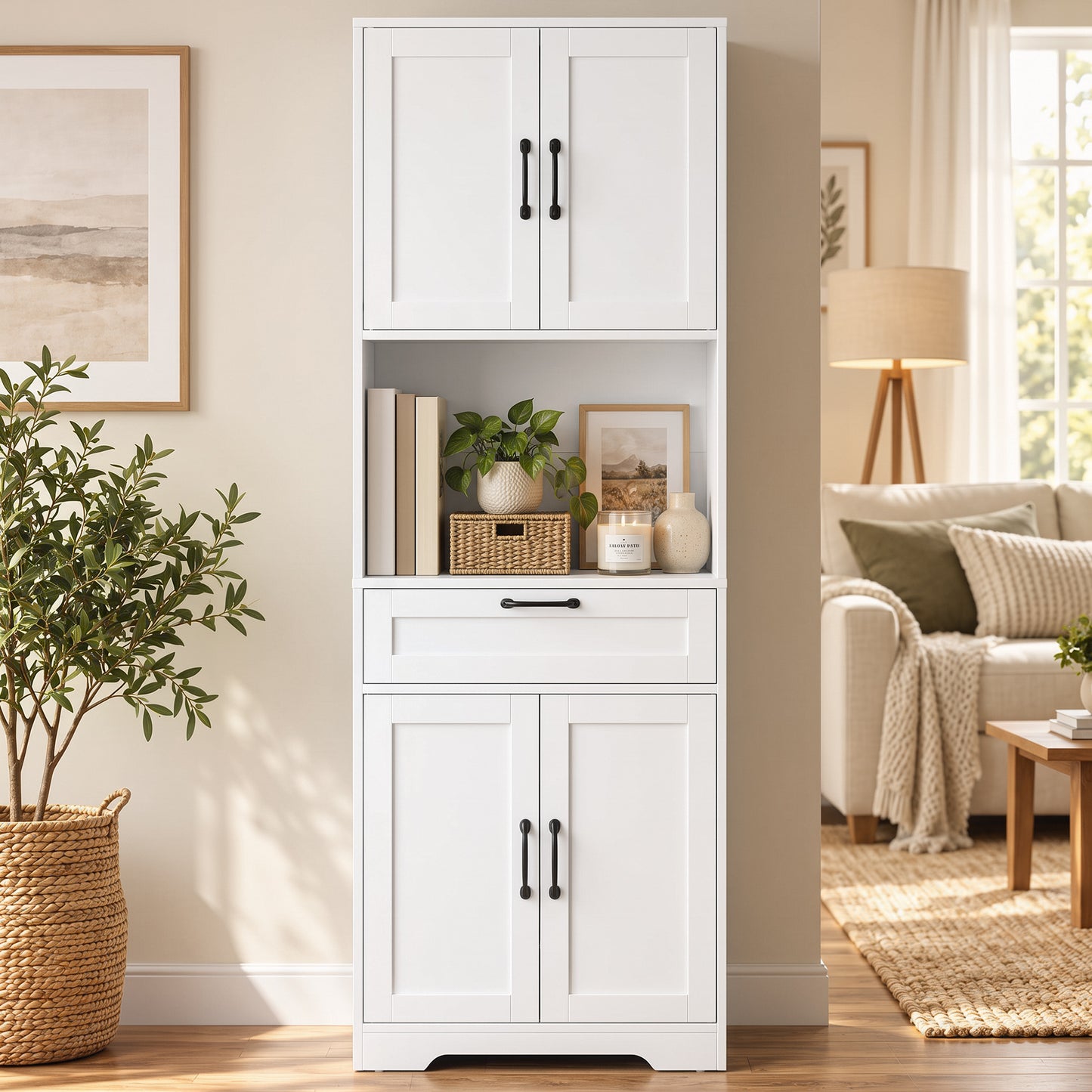 HOMCOM 170 cm Tall Kitchen Pantry with Adjustable Shelves, Freestanding Storage Cabinet with Open Shelf, White Wood Effect