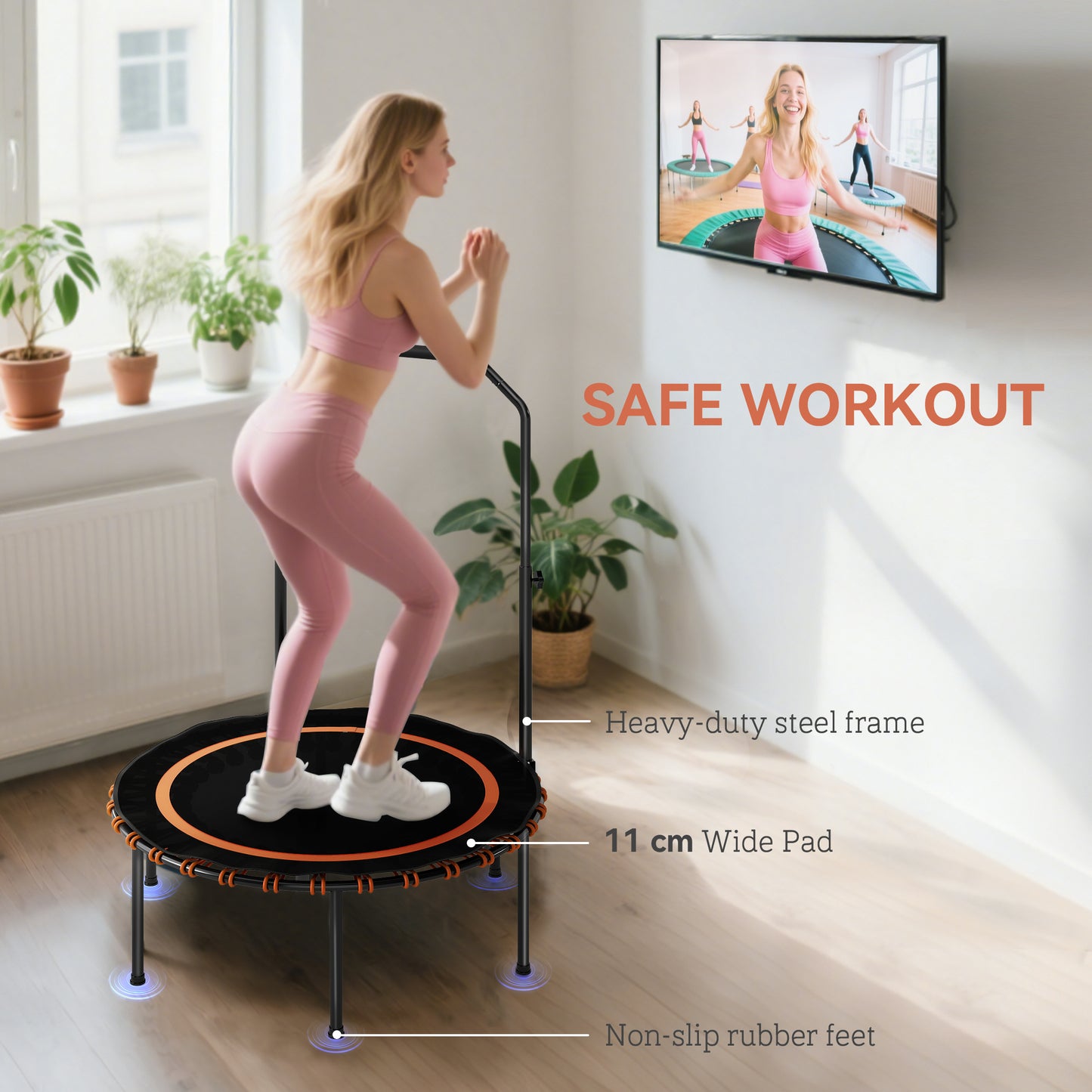 SPORTNOW 40'' Foldable Fitness Trampoline, Mini Bungee Rebounder with 5-Level Adjustable Handle for Adults, Indoor/Outdoor Exercise, Orange