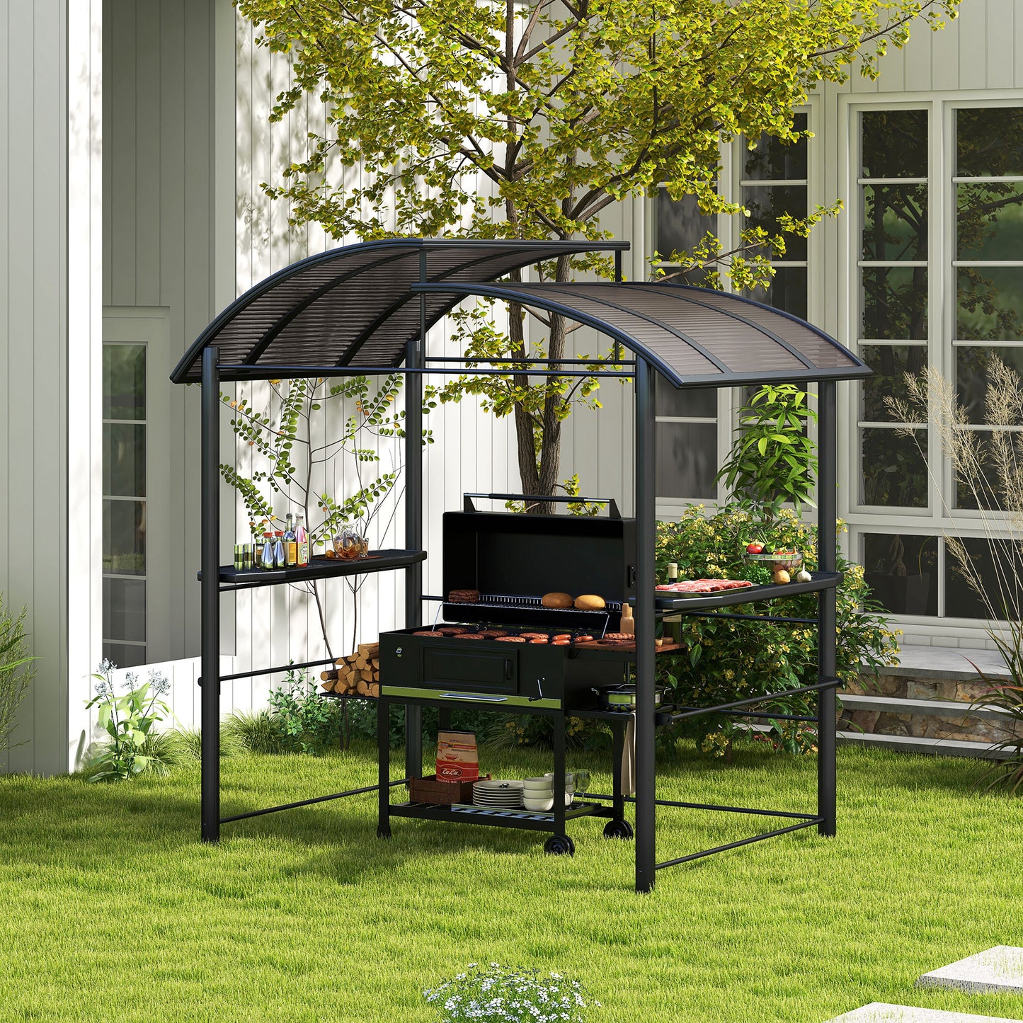 Outsunny 2.4 x 1.5m Outdoor Grill Gazebo with Side Shelves PC Board Roof Dark Grey