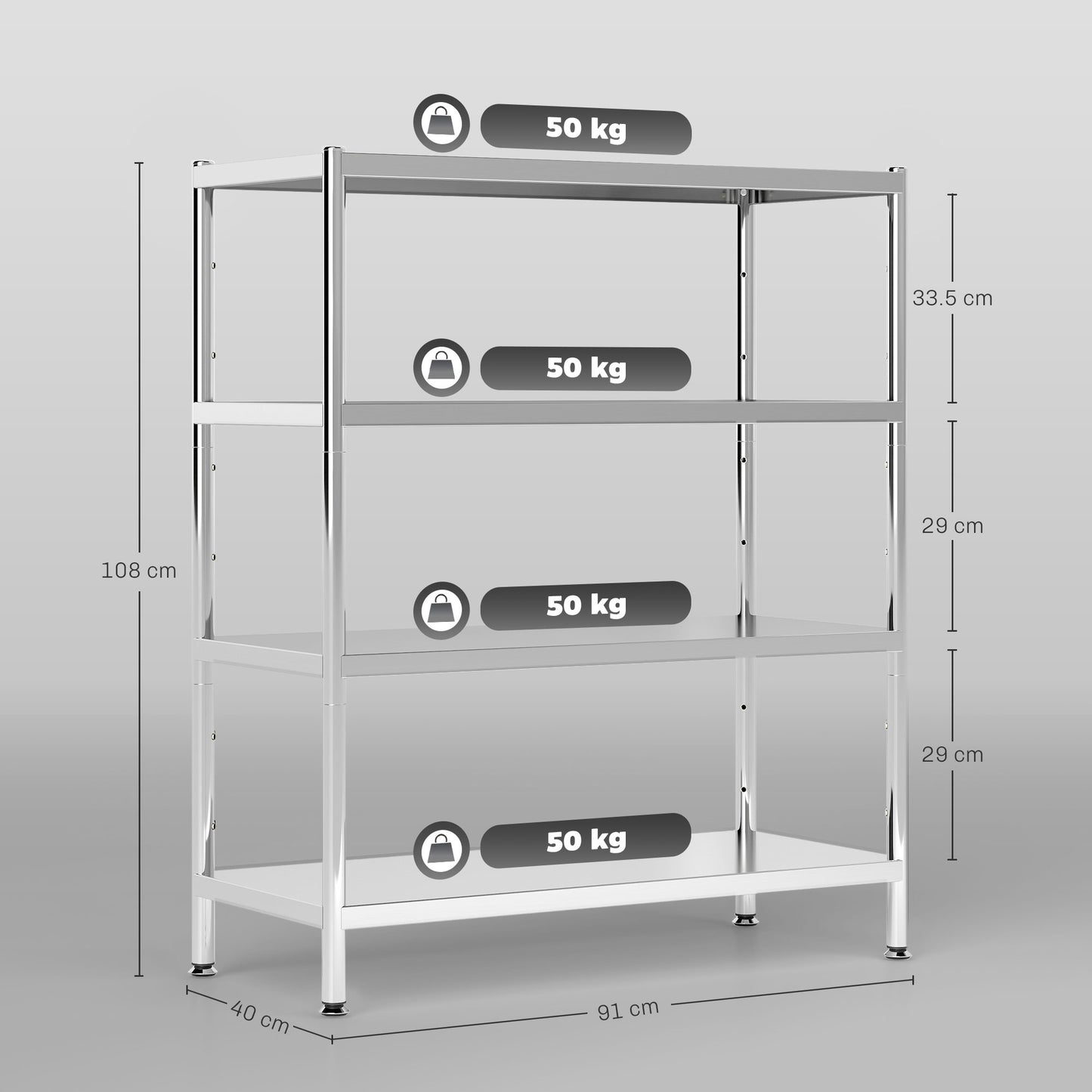 HOMCOM 4-Tier Bakers Rack, Stainless Steel Microwave Stand with Adjustable Shelves for Kitchen Storage, Small Spaces, Silver Tone