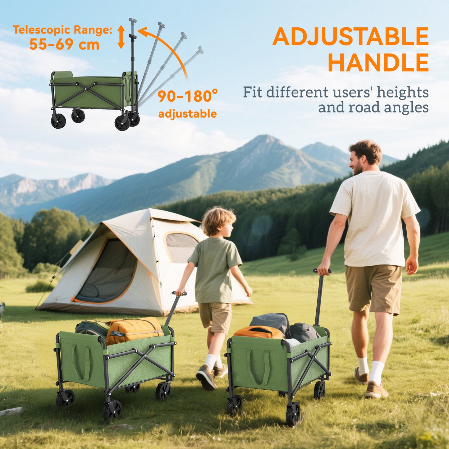 Outsunny 41L Festival Trolley on Wheels, 60kg Folding Wagon with Adjustable Handle & Carrying Bag for Beach, Camping, Festival, Green