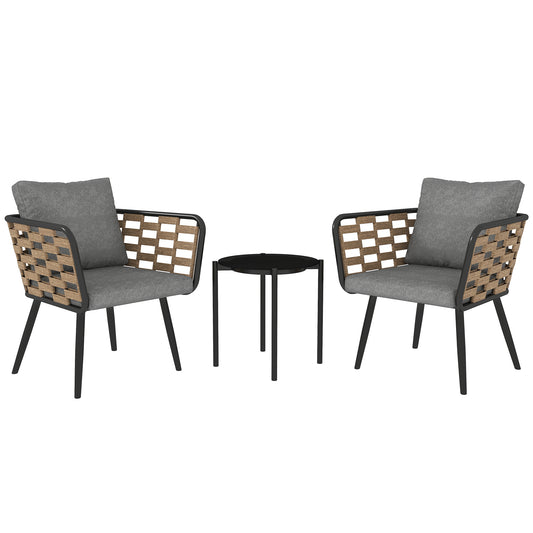 Outsunny 3 Pieces Rattan Bistro Set with Washable Seat and Back Cushions, Glass Top Coffee Table, for Outdoor, Patio, Black