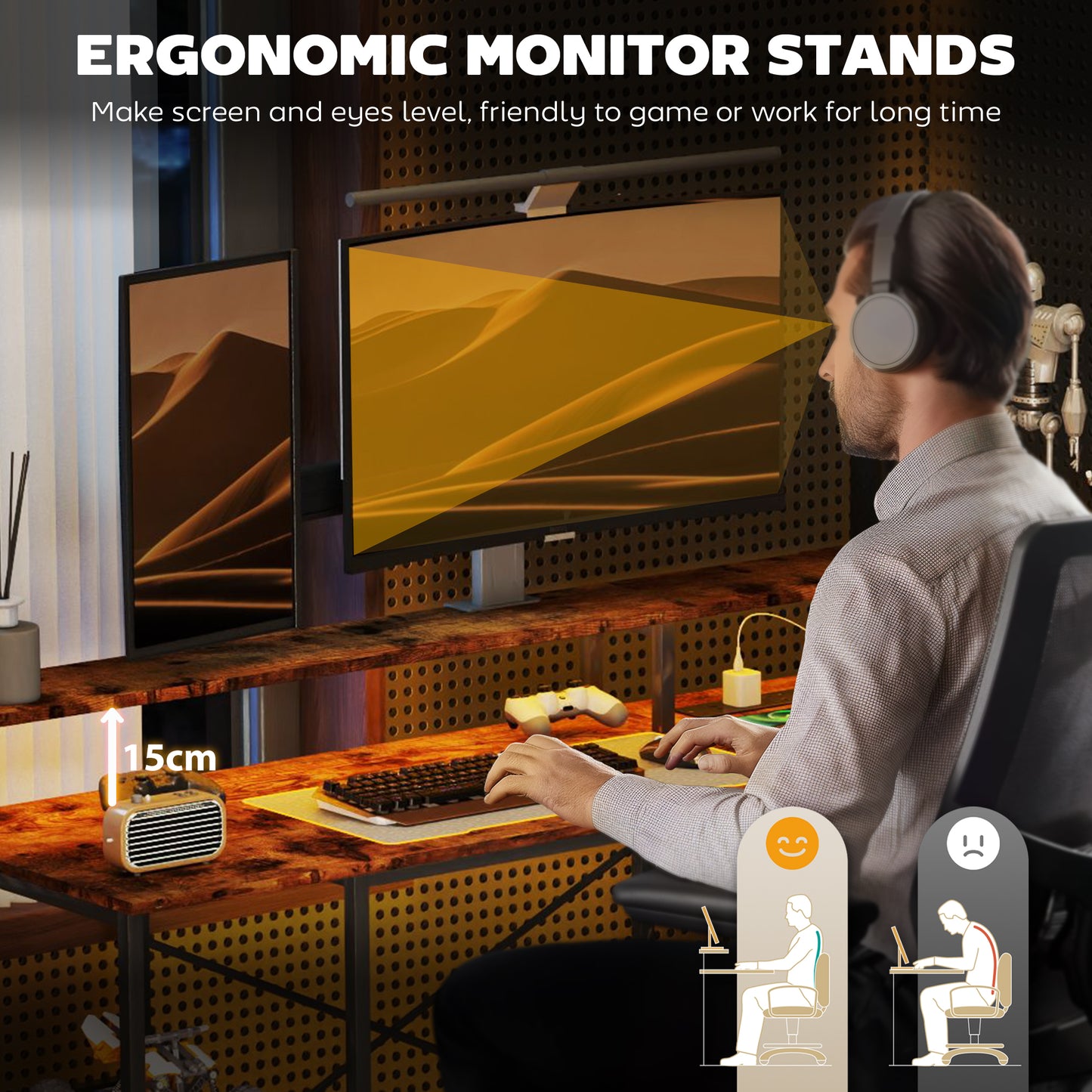 HOMCOM L Shaped Gaming Desk with LED Lights and Power Outlets, Rustic Brown