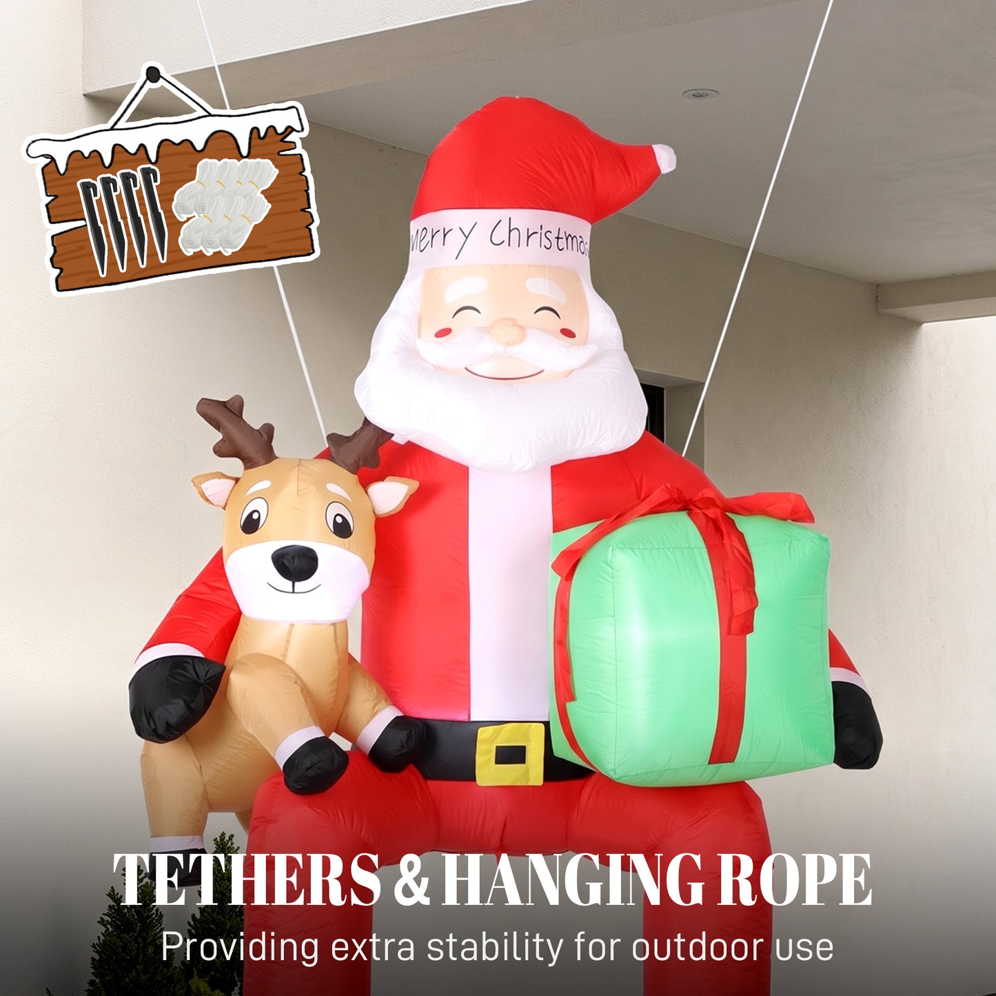 Outsunny 9.3ft Giant Christmas Inflatable Hanging Santa Claus Sitting w/ Reindeer, Gift Box
