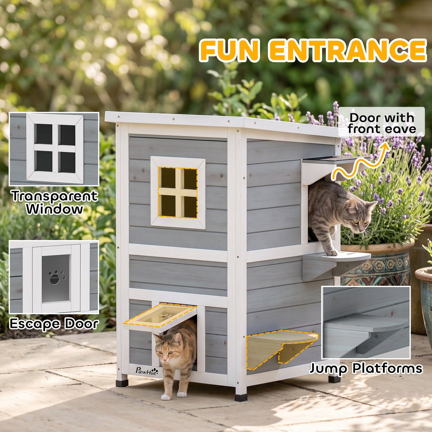 PawHut Wooden Cat House 2-Floor Outdoor Kitten Shelter with 3 Doors and Window Grey