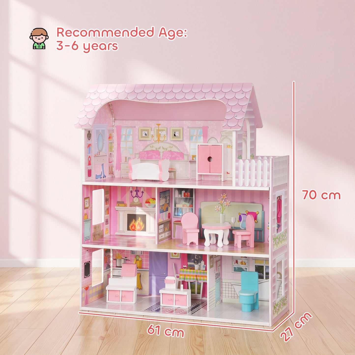 AIYAPLAY Dolls House, 6 Rooms Modern Dollhouse with LED Lights, 8 Furniture Pieces, 3-Level Playhouse Gift for Kids 3-6 Years