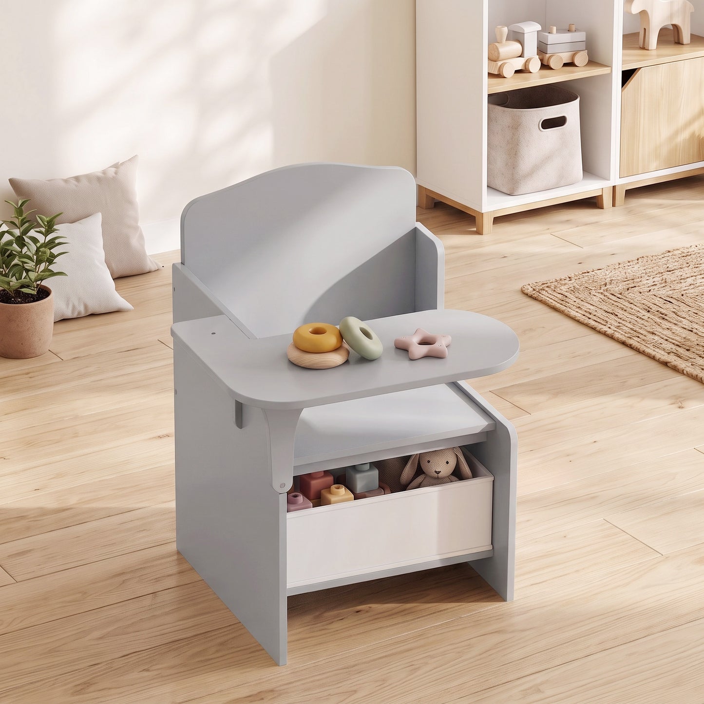 AIYAPLAY Kids Table and Chair Set, Children Desk and Chair with Storage Bins for Playing, Reading, Painting, for Ages 3-5, Grey