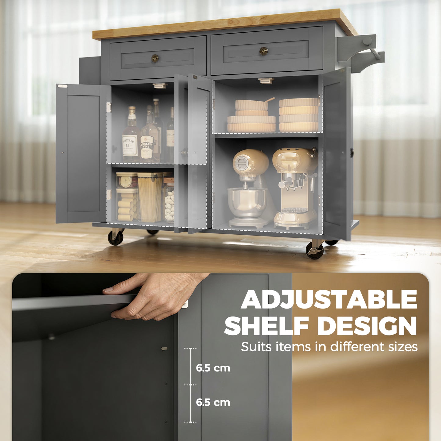 HOMCOM Kitchen Island on Wheels, Rolling Kitchen Trolley with Rubberwood Top, 2 Drawers, Adjustable Shelves, Grey