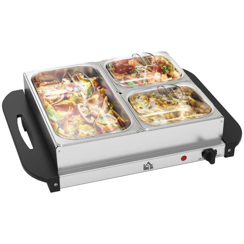 HOMCOM Electric Food Warmer 4 Tray, 6L Portable Buffet Server and Warming Tray with Lids, Adjustable Temperature Control and Cool Touch Handles, 200W, 2 x 2.5L and 1 x 1L