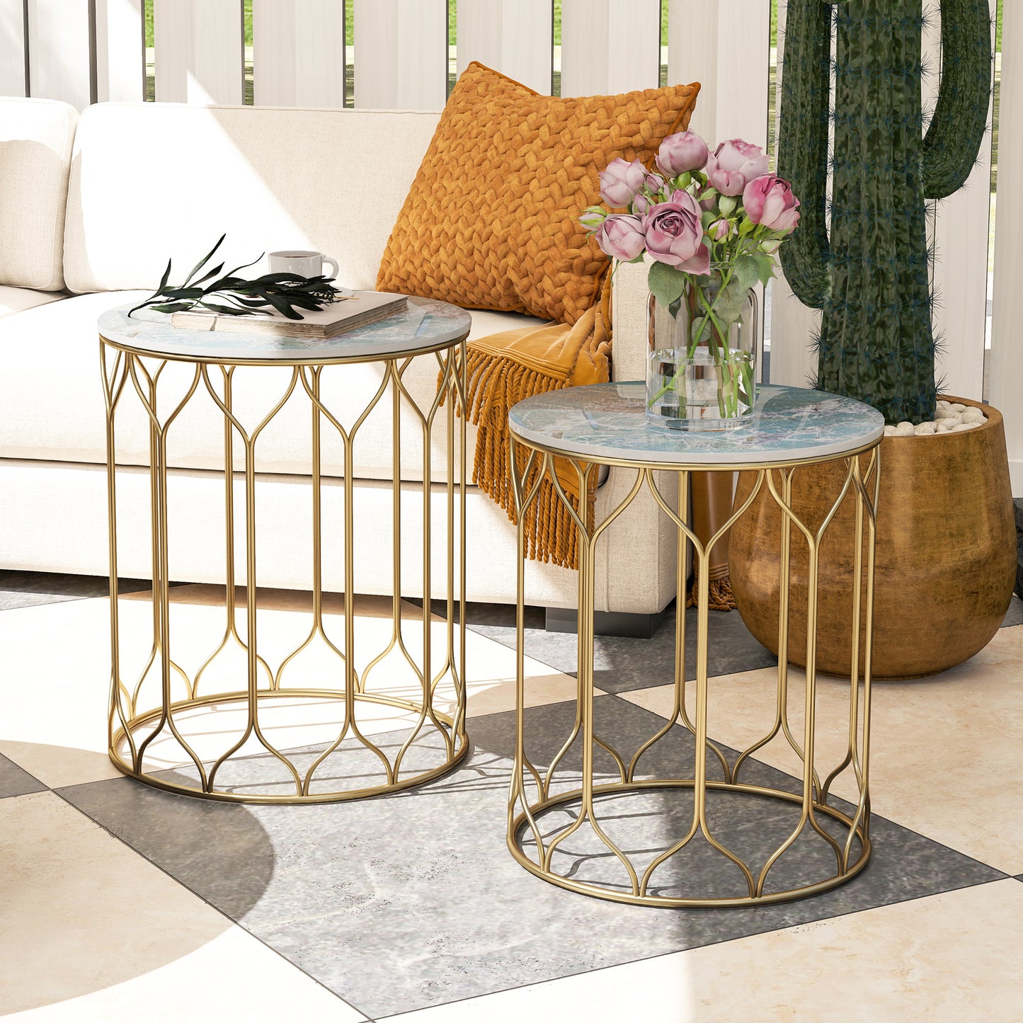 Outsunny Garden Side Tables Set of 2, Nesting, Ceramic Tile Top, Indoor/Outdoor Metal Frame, Multicoloured