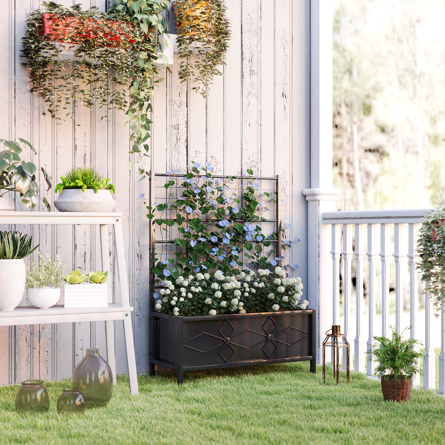 Outsunny Raised Bed with Trellis, Galvanised Planter Box with Drainage Holes for Vegetables, Herbs & Flowers, 90x40x120 cm, Black