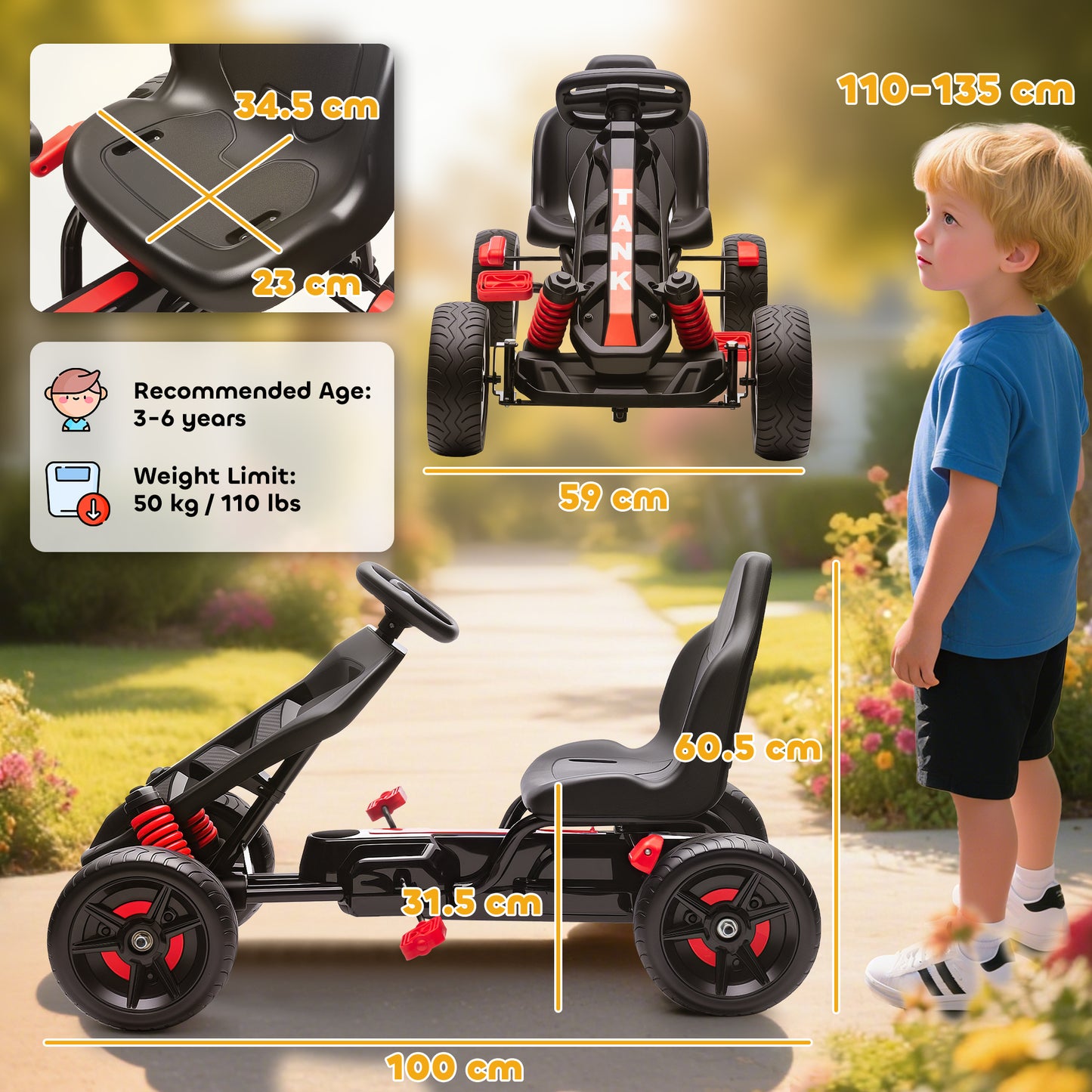 AIYAPLAY Pedal Go kart for Kids Ages 3-6 Years, with Automatic Clutch, Brake, EVA Anti-Slip Wheels, Red