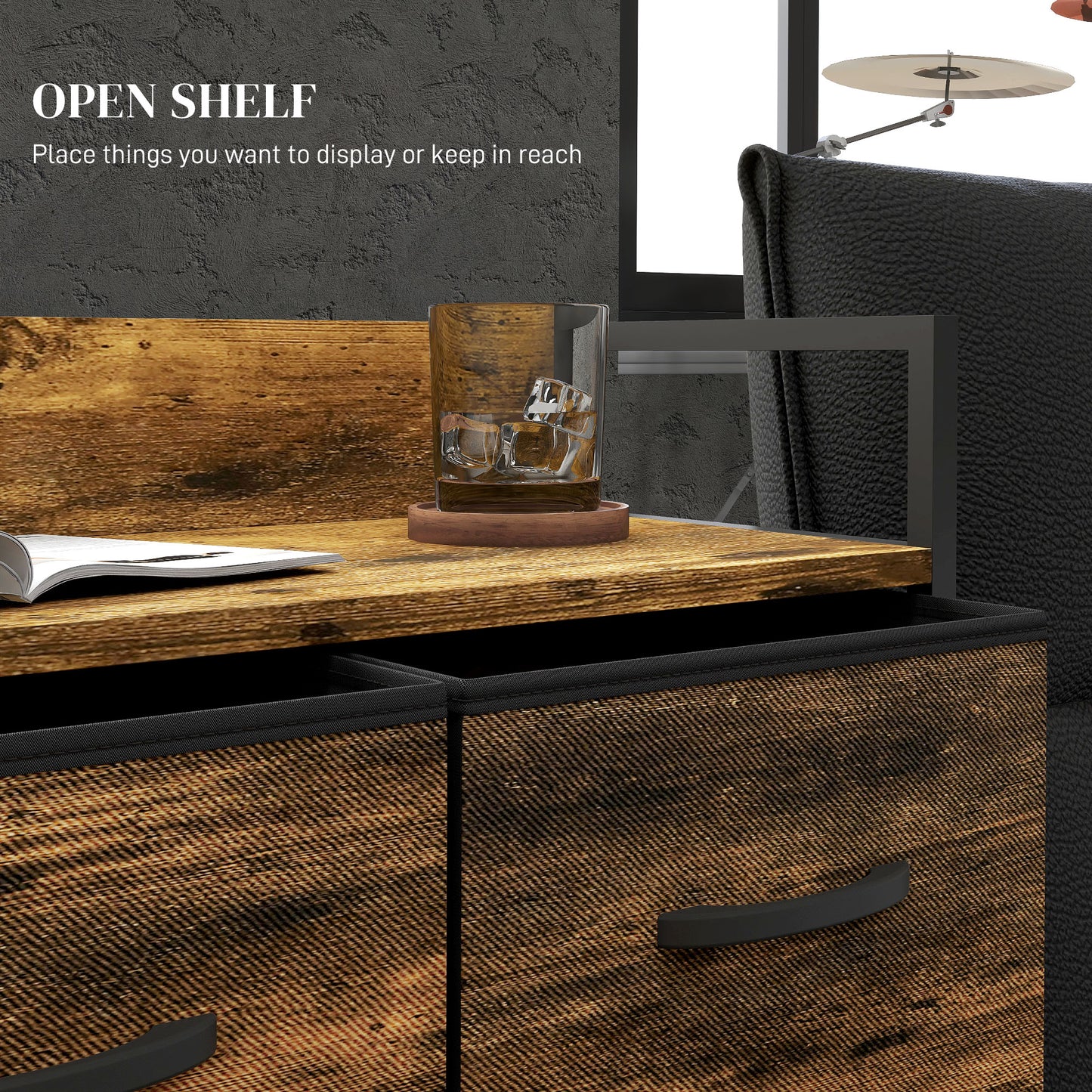 HOMCOM Rustic Chest of Four Fabric Drawers - Brown Wood Effect