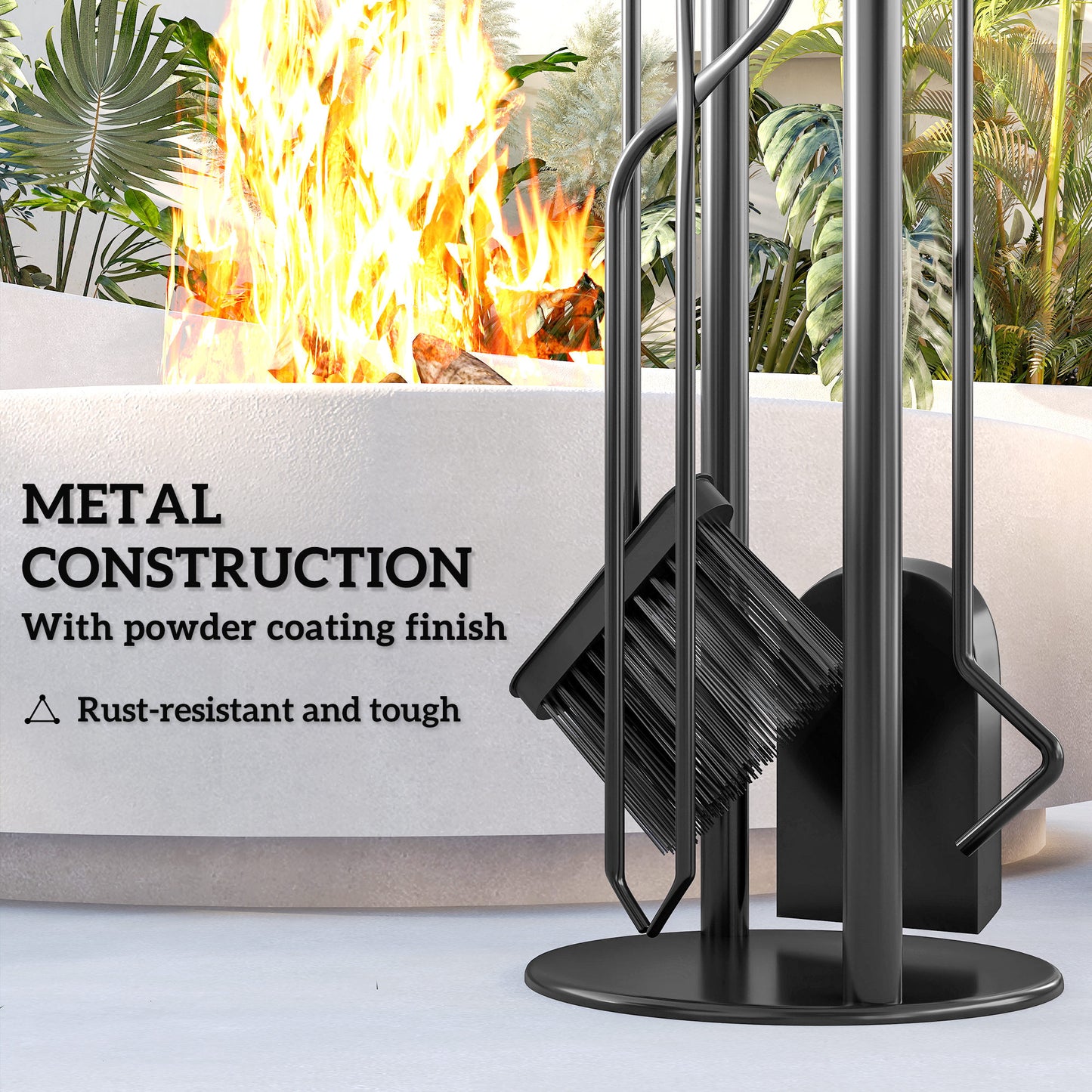 Outsunny 5-Piece Fireplace Set, Metal Accessories with Broom, Shovel, Poker, Tongs, Stand, Silver