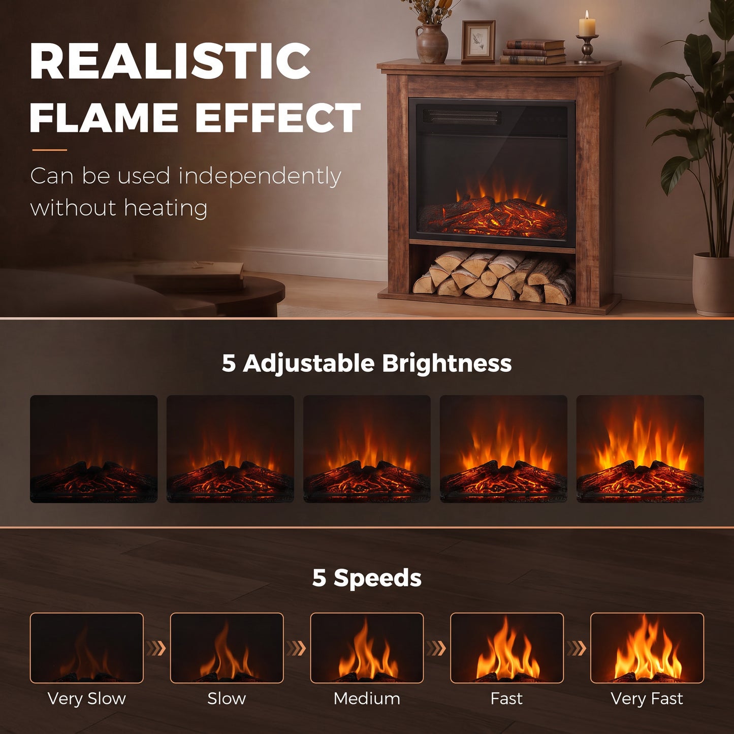 HOMCOM Electric Fireplace Suite with Shelf, 25" 1800W Electric Fire and Surround with LED Flame, 5 Brightness, Remote, Oak