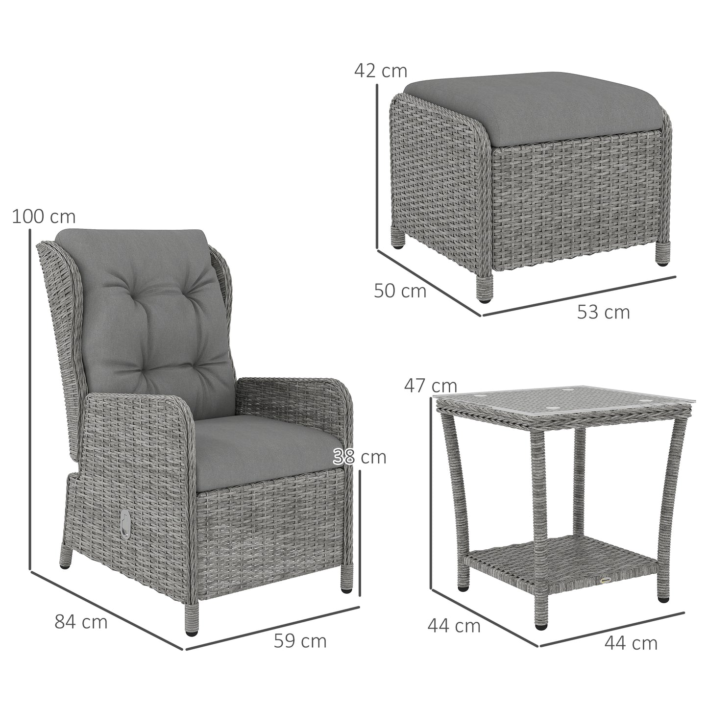 Outsunny 5pc Rattan Bistro Set: Reclining Wicker Furniture with Cushions, Glass Table & Footstools, Light Grey