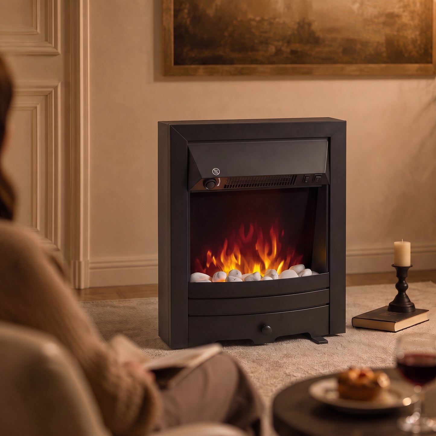 HOMCOM Electric Fireplace Stove Freestanding/Inset, 2000W, Electric Fire with LED Flame, Pebbles, Adjustable Thermostat, Black