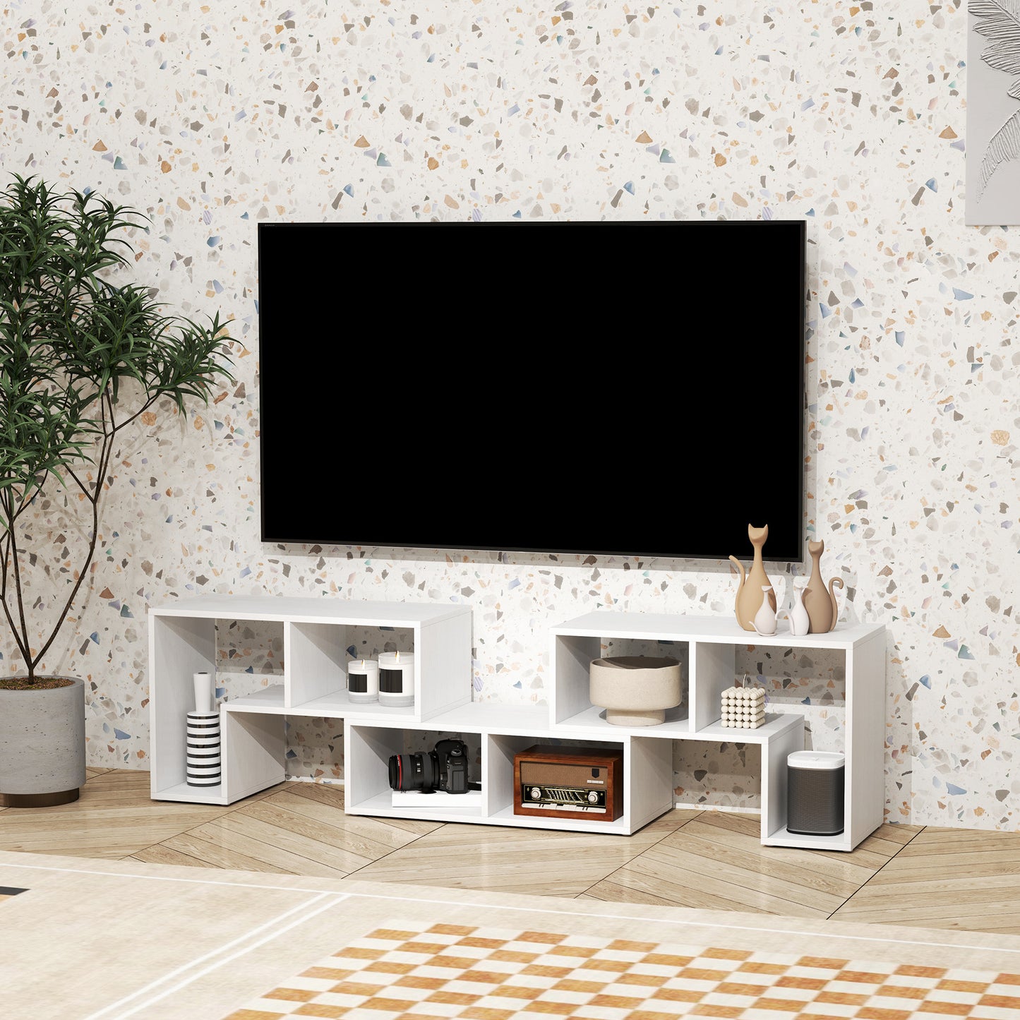 HOMCOM TV Stand for TVs up to 75", Storage Shelves, Extendable Unit, White Wood Grain