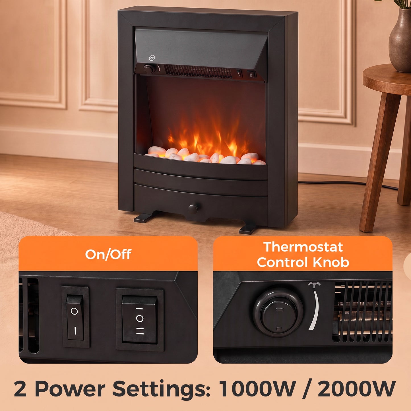 HOMCOM Electric Fireplace Stove Freestanding/Inset, 2000W, Electric Fire with LED Flame, Pebbles, Adjustable Thermostat, Black