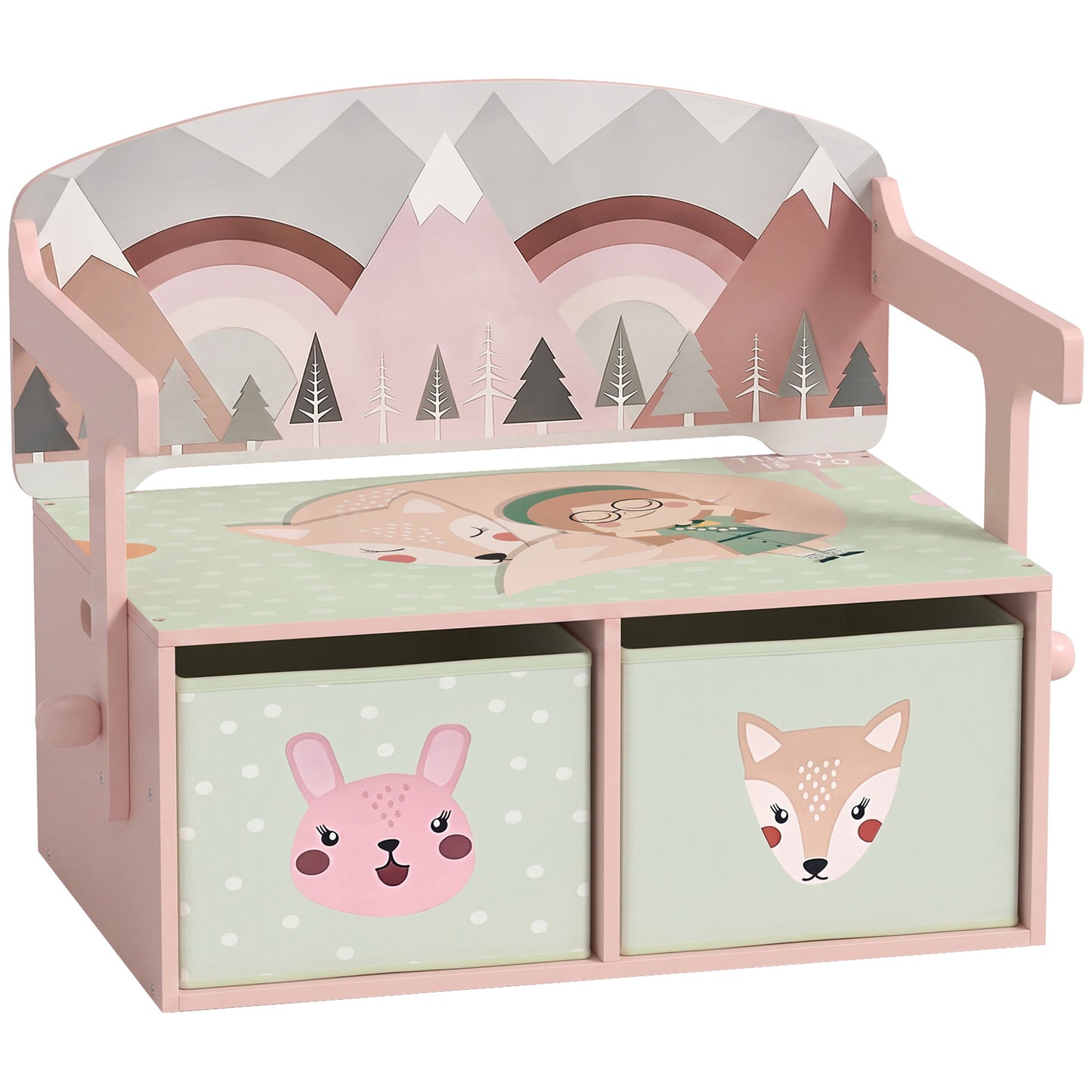AIYAPLAY Kids Table and Chair Set, 3 in 1 Wooden Toy Box with 2 Fabric Drawers for Bedroom, Playroom, Gift for Boys Girls, Pink