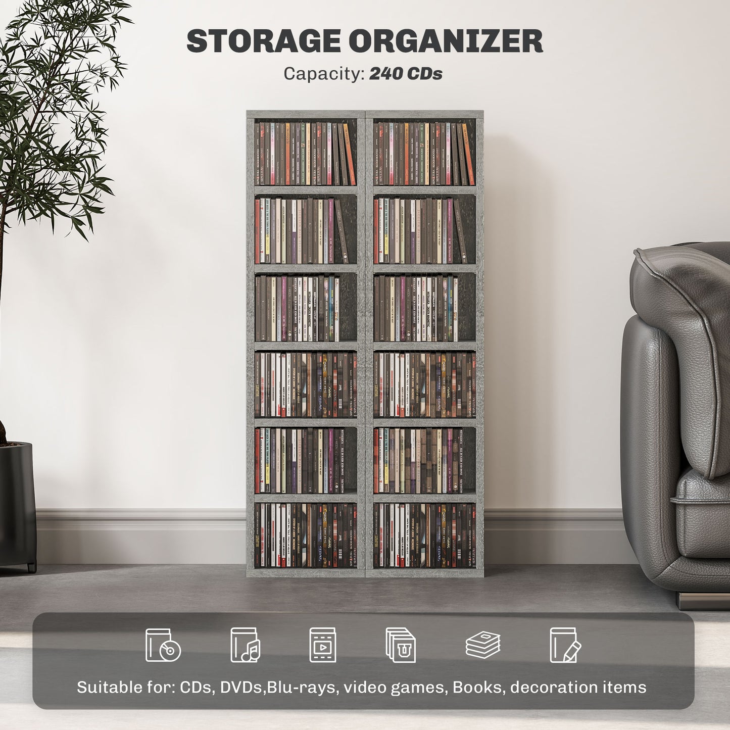 HOMCOM Set of Two 102 CD Storage Units - Cement Grey