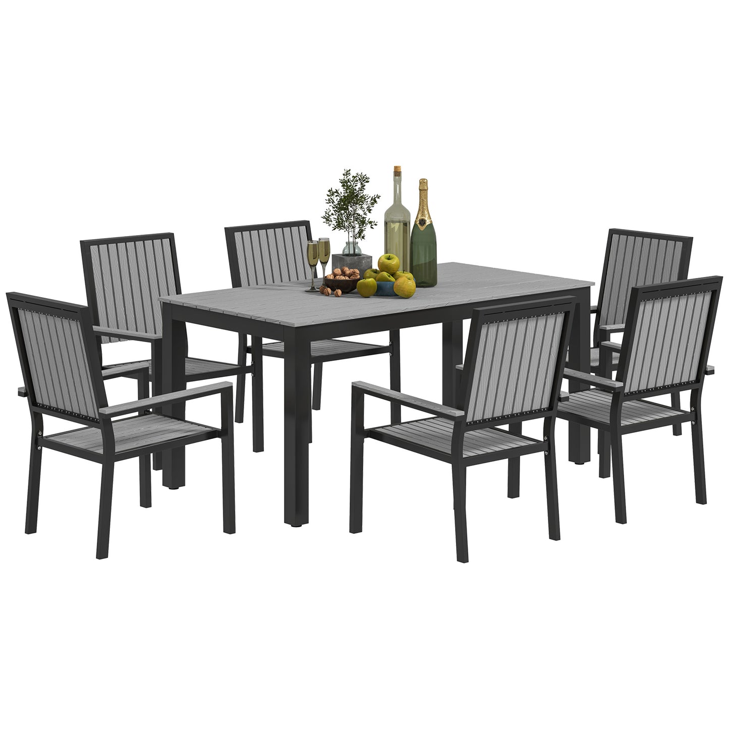 Outsunny 6 Seater Garden Dining Set, Stackable Chairs, Aluminum Frame, Rectangular Top, Outdoor Furniture for Patio/Poolside, Grey