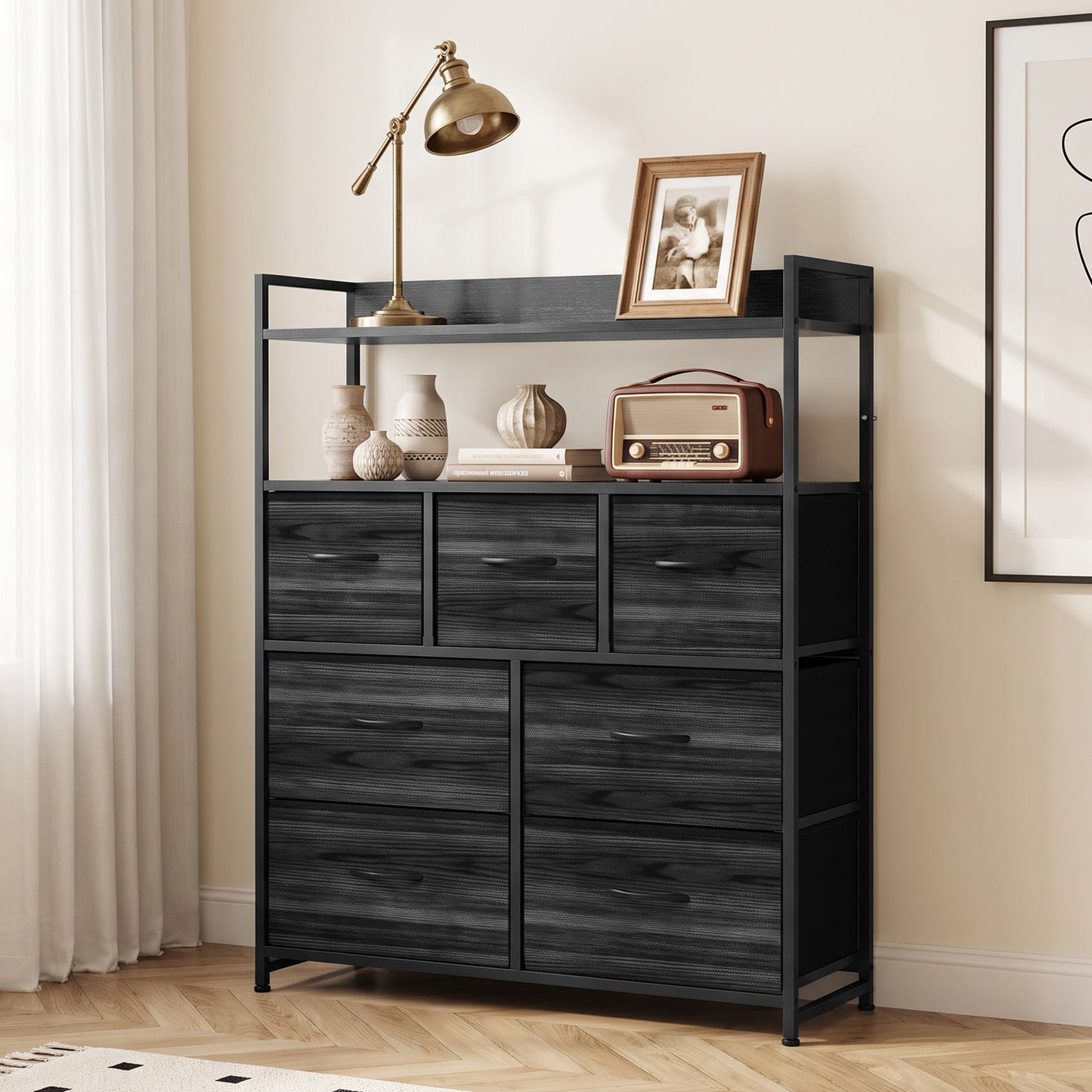 HOMCOM Chest of Drawers, Bedroom Fabric Dresser with 7 Drawers, Storage Organiser Unit with Open Shelves, Black Wood-Effect