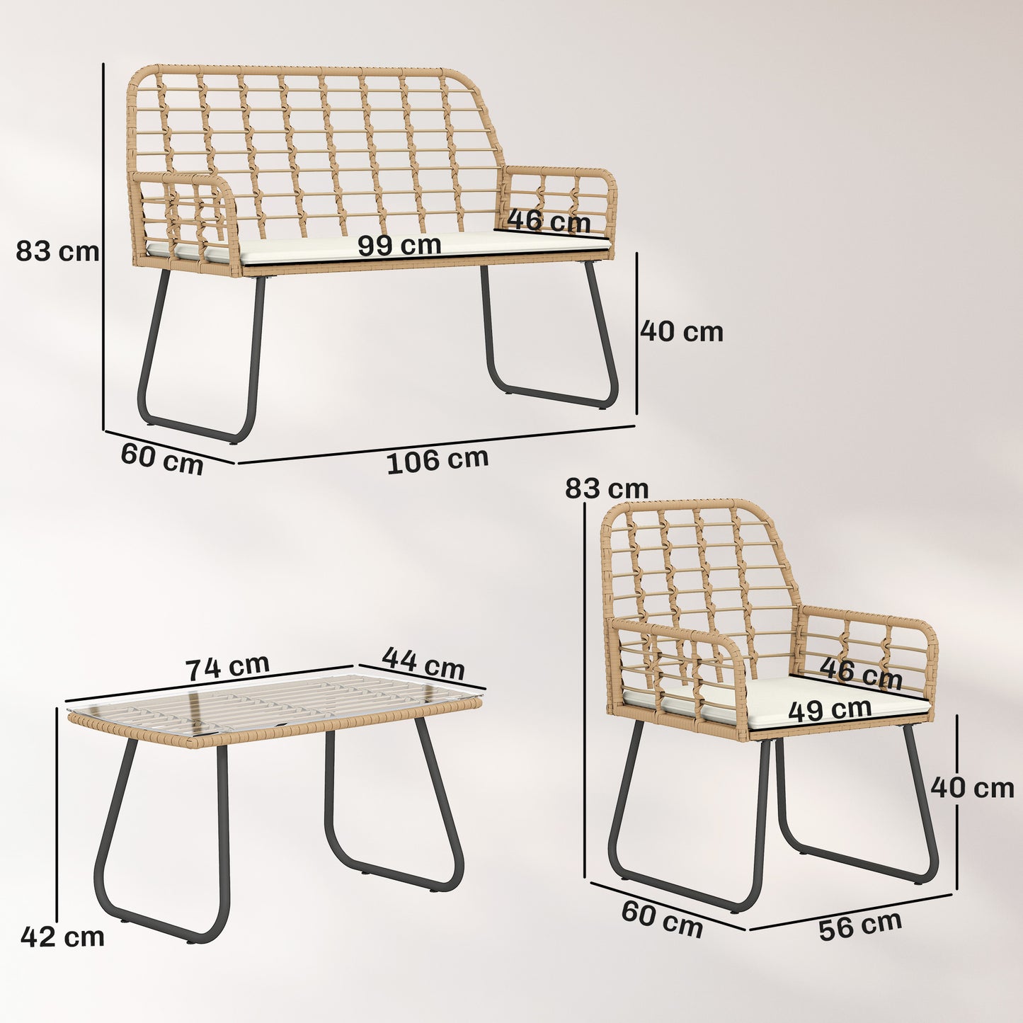 Outsunny 4 Piece Rattan Garden Furniture Set, Outdoor Patio Furniture, Armchairs and Coffee Table