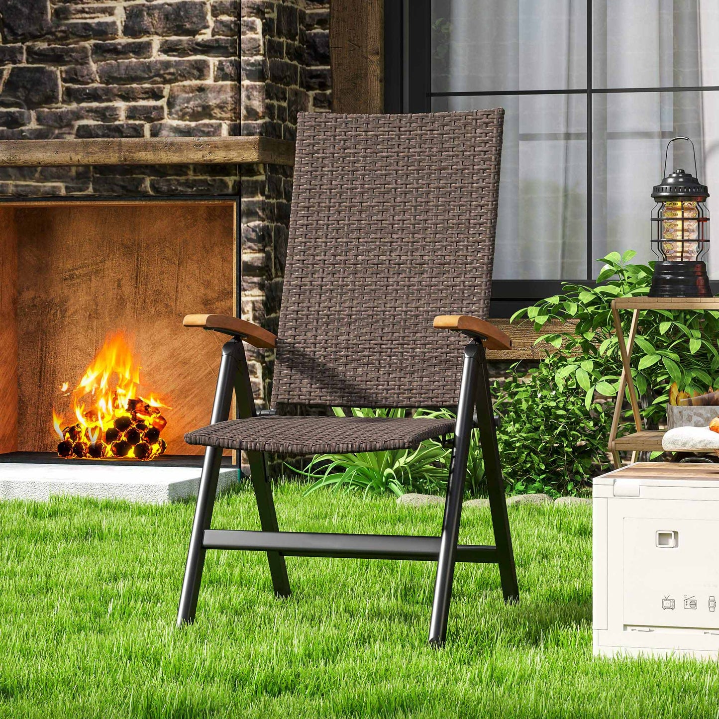 Outsunny Outdoor Foldable Dining Chair with Armrests, High Backrest, for Garden, Camping, Balcony, Porch, Brown