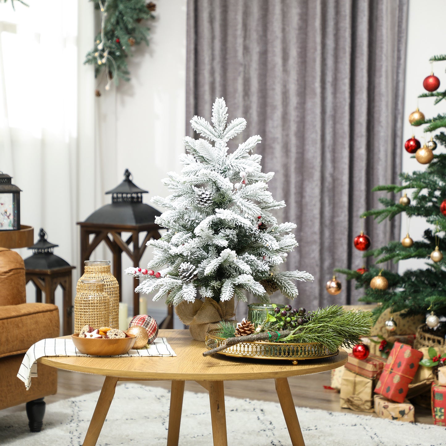 HOMCOM 60cm Prelit Christmas Tree w/ 35 LED Lights, Snow Flocked, Pine Cones, Berries, Linen Base, Battery Operated, Green
