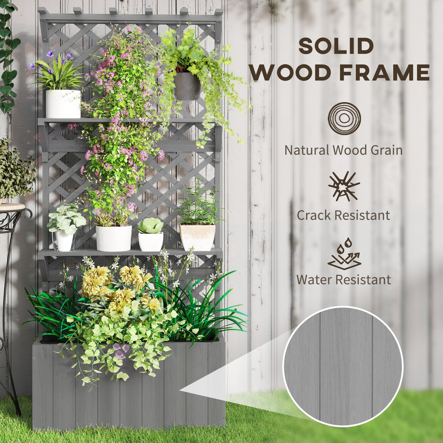 Outsunny Wooden Planter with Trellis, Freestanding Raised Bed with Roof, Shelves, Drainage Holes & Liner for Garden, Grey