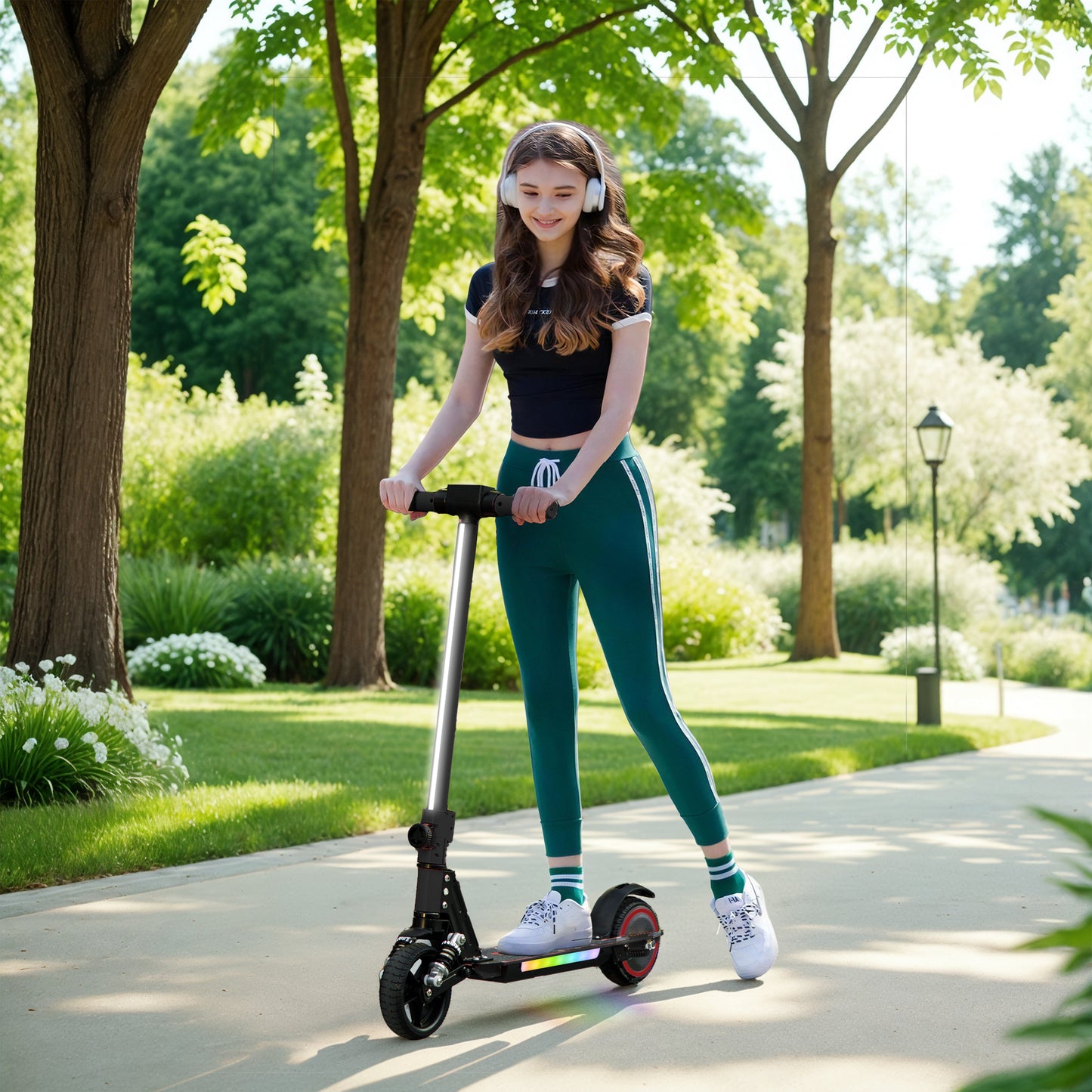 SPORTNOW Folding Electric Scooter for Kids 6-14, Dual Brakes, Suspension, LED Lights, 6.8kg, 14 KM/H, Black