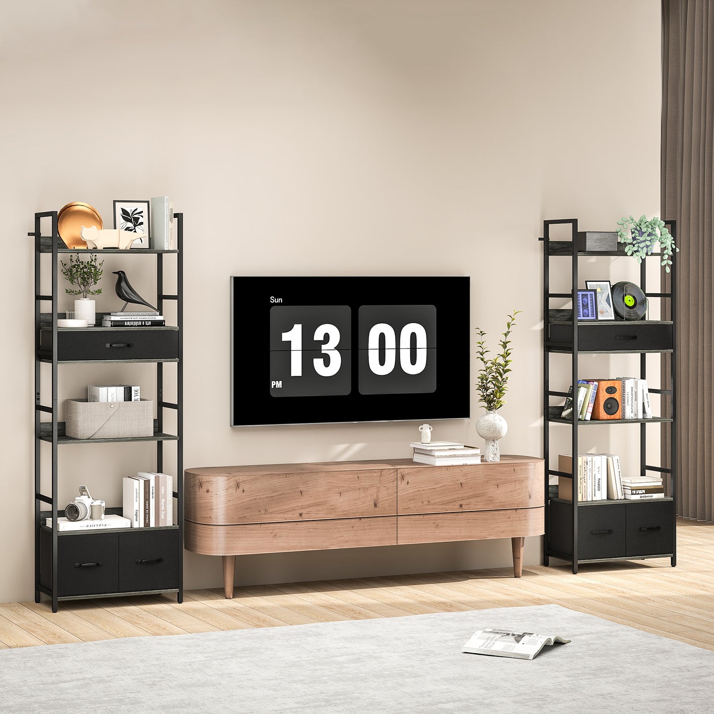 HOMCOM Industrial Bookcase, 6-Tier Tall Bookshelf with 3 Fabric Drawers - Grey
