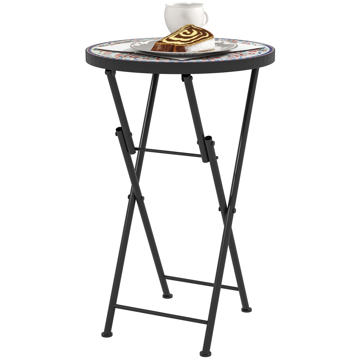 Outsunny Mosaic Garden Table, 35.5cm Round Folding Coffee Table with Metal Frame, Indoor Outdoor Table for Balcony Terrace, Multicolour