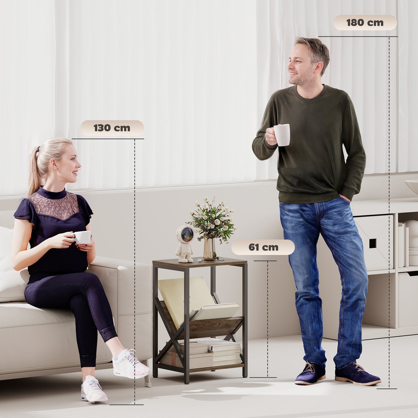 HOMCOM Narrow Side Table, End Table with 3-Tier Storage, V-Shaped Magazine Holder for Living Room, Bedroom, 40 x 30 x 61cm, Oak