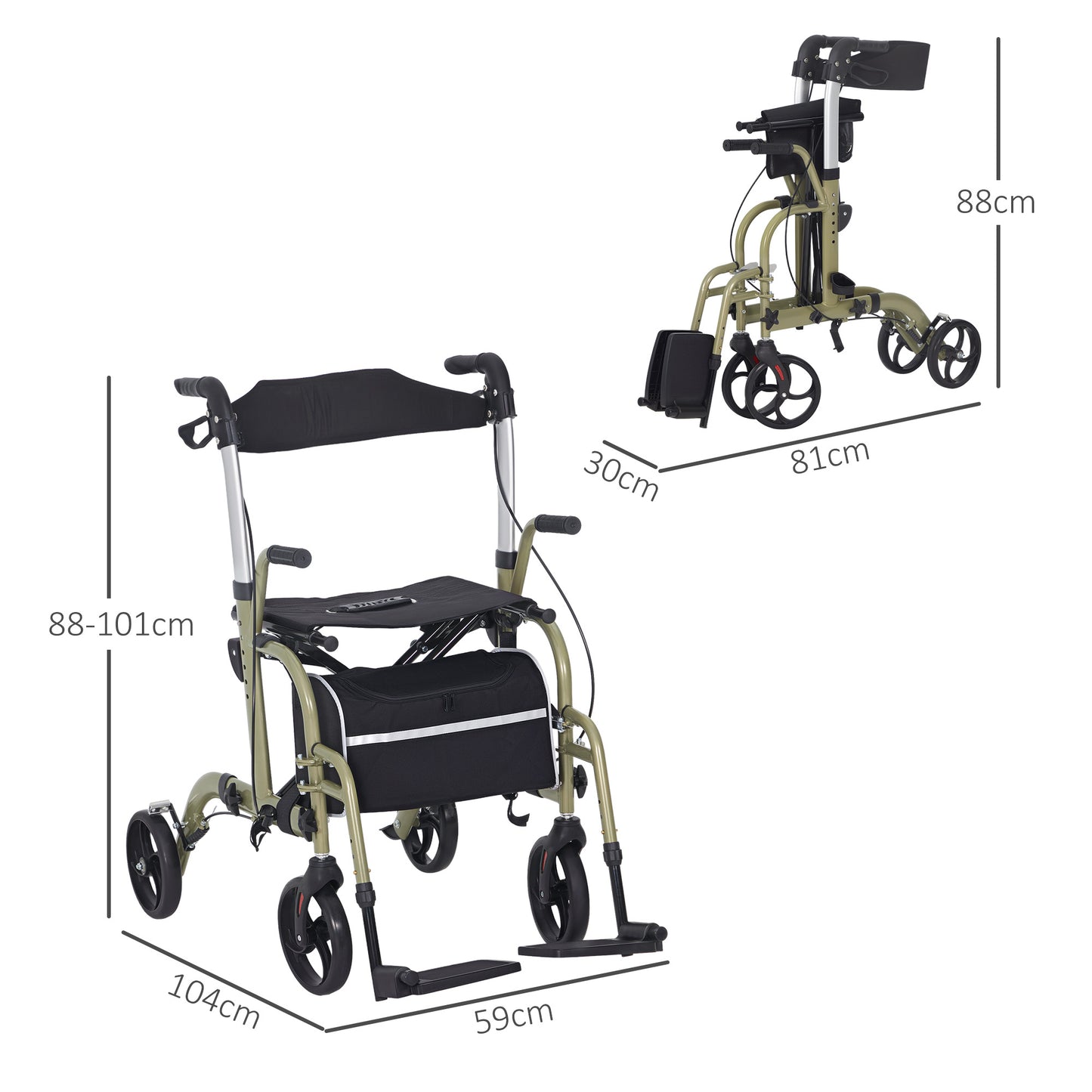 HOMCOM 2-in-1 Wheelchair & Rollator Walker, Footrest, Adjustable Height, Yellow-Green