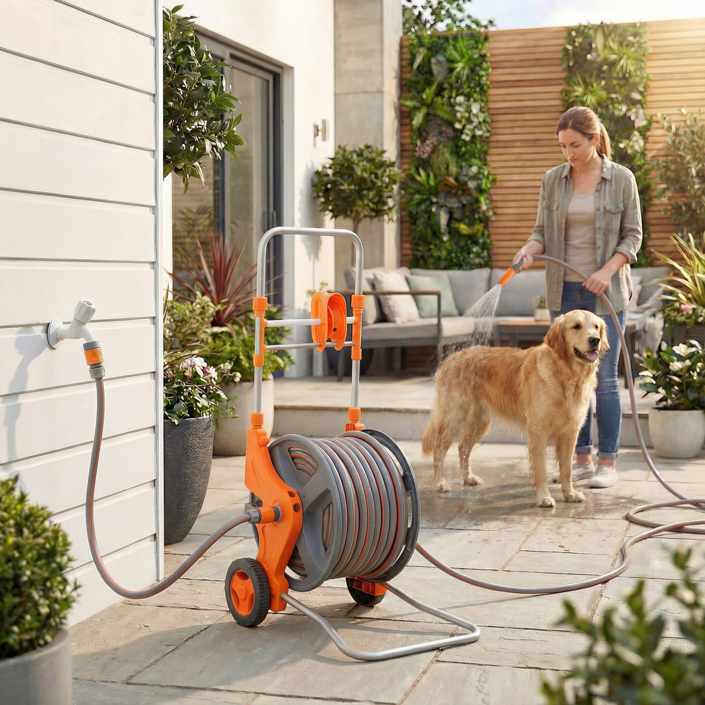 Outsunny Hose Reel Cart with Wheels, 45+2m Garden Hose Reel with 2 Patterns Nozzle, Faucet Adaptors and Rewind Handle, Orange