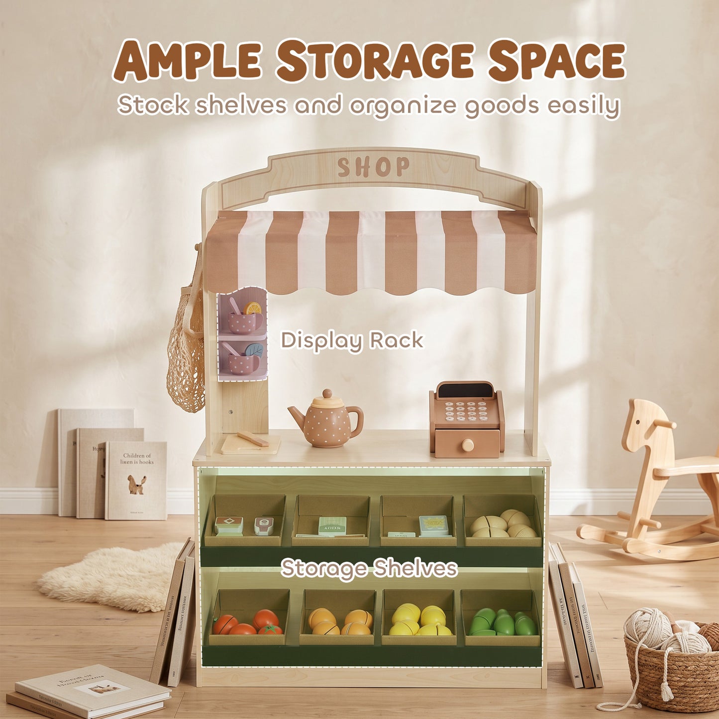 AIYAPLAY Pretend Play Shop, Wooden Kids Grocery Store Playset with Play Food, Cash Register, Chalkboard, 61 Accessories for 3-8