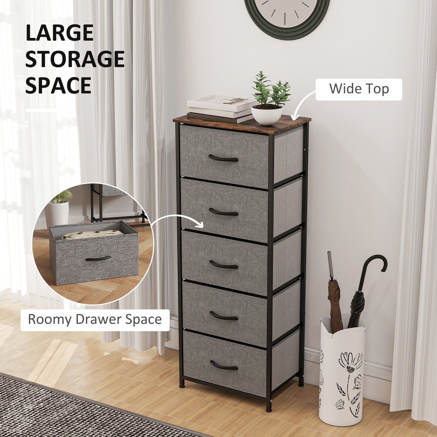 HOMCOM Industrial Fabric Chest of Drawers with 5 Fabric Drawers, Steel Frame, Wooden Top for Bedroom, Nursery, Hallway - Rustic Brown and Grey