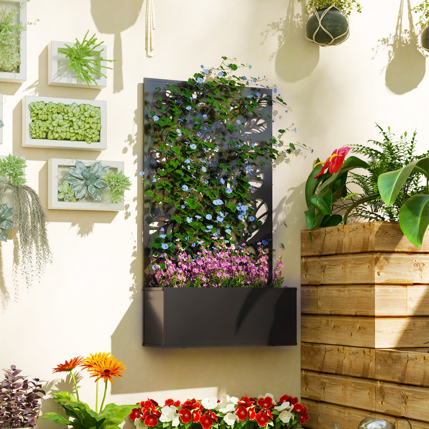 Outsunny Outdoor Metal Planter, with Tree Back Trellis - Black
