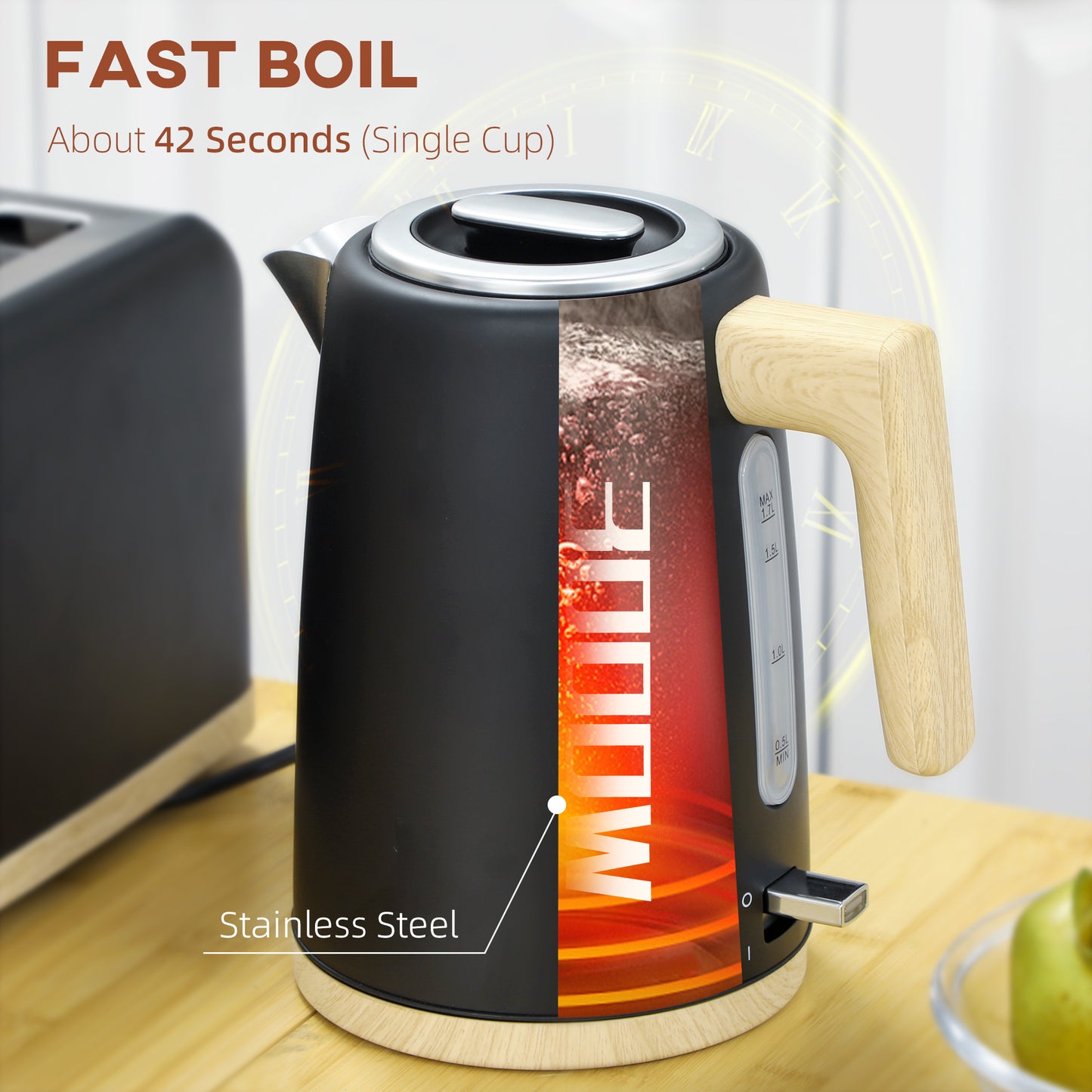 HOMCOM Kettle & Toaster Set, 1.7L 3000W Fast Boil & 2 Slice, 7 Browning Levels, Defrost, Black