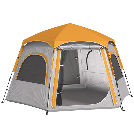 Outsunny Instant Camping Tent, 2/3/4 Person Easy Setup Dome with Vestibule, Rainfly, 4 Mesh Windows, 2 Doors, Hexagonal Design, Light Grey